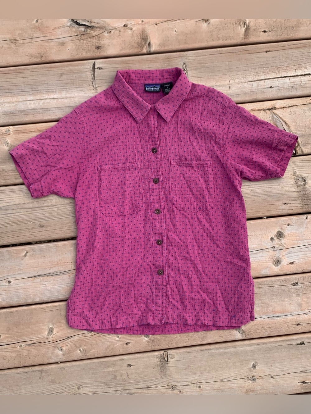 Patagonia Organic Cotton Button Up Short Sleeve Shirt Collar Purple size Small